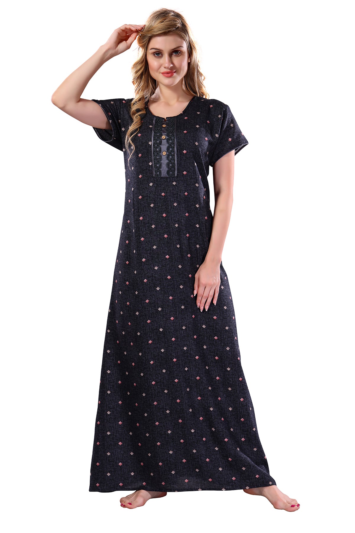 Printed Embroidered Alpine Cotton Nighty / Night Gowns For Women