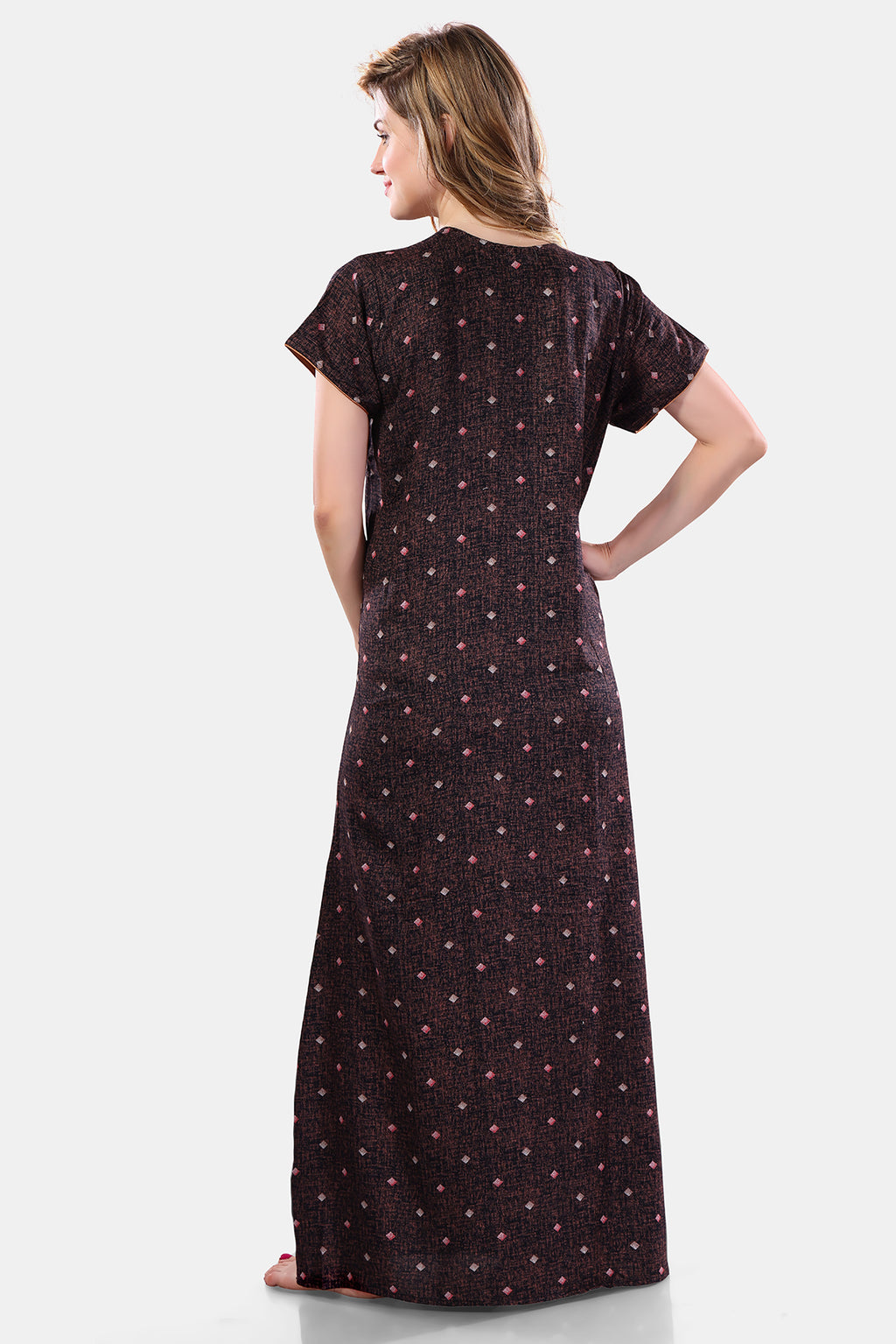 Brown Printed Embroidered Alpine Cotton Nighty for Women