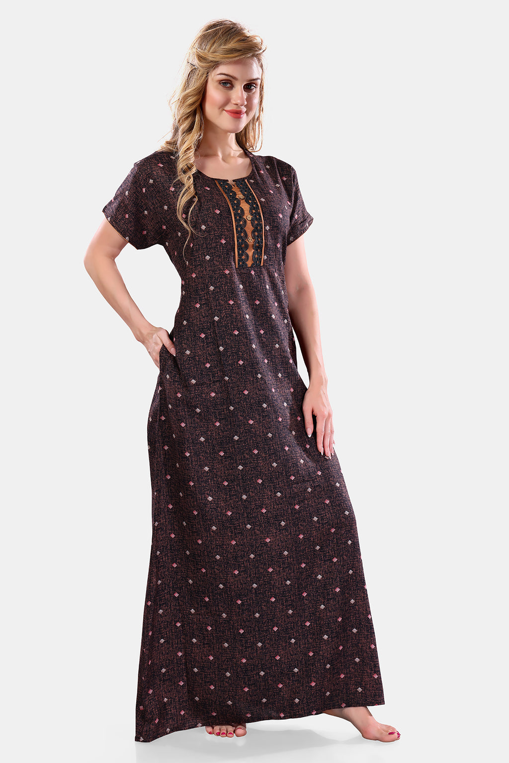 Brown Printed Embroidered Alpine Cotton Nighty for Women