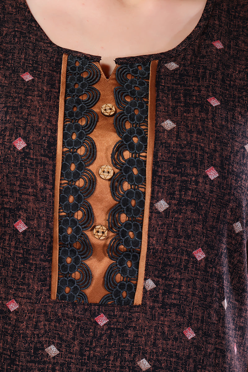 Brown Printed Embroidered Alpine Cotton Nighty for Women