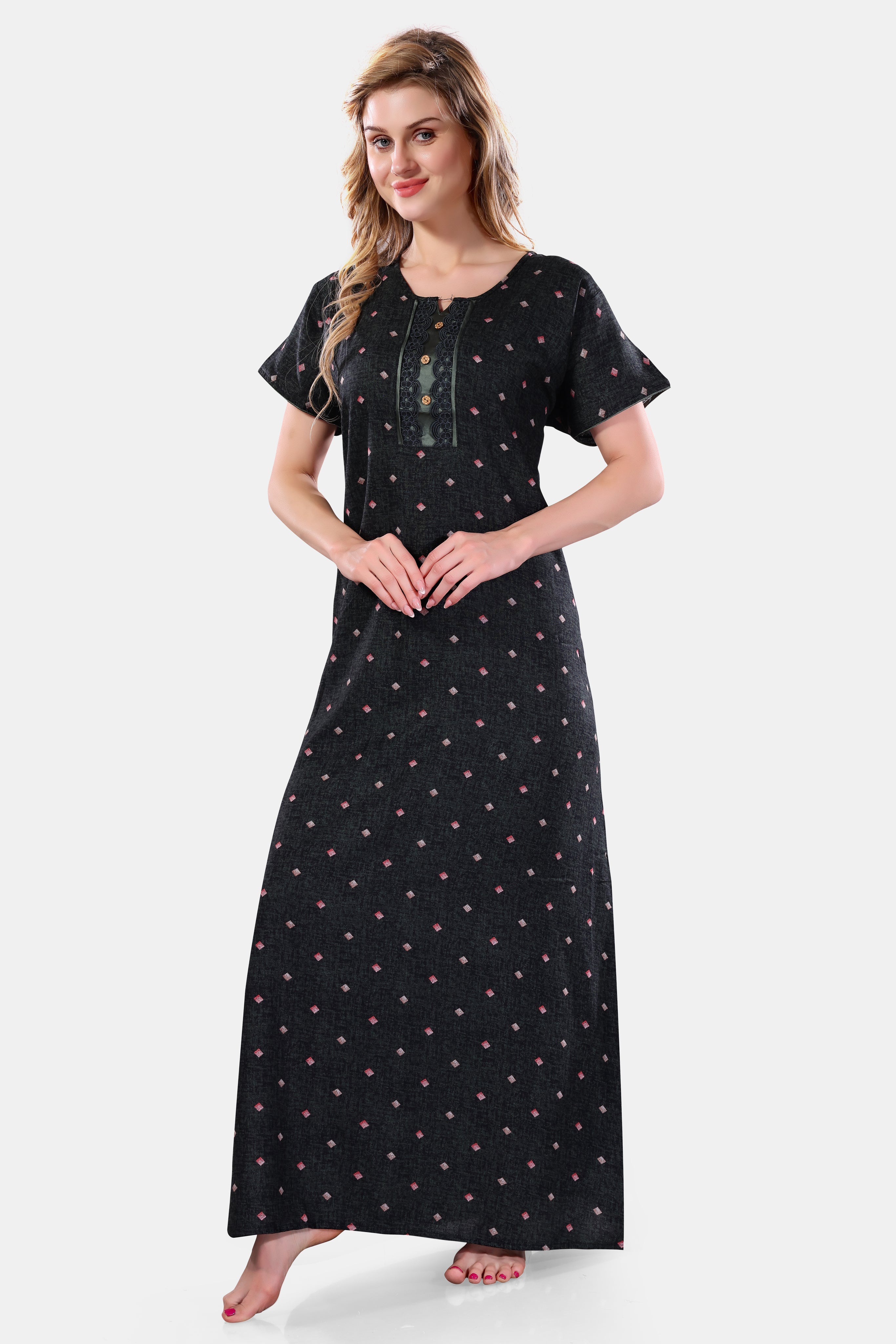 Printed Embroidered Alpine Cotton Nighty / Night Gowns For Women