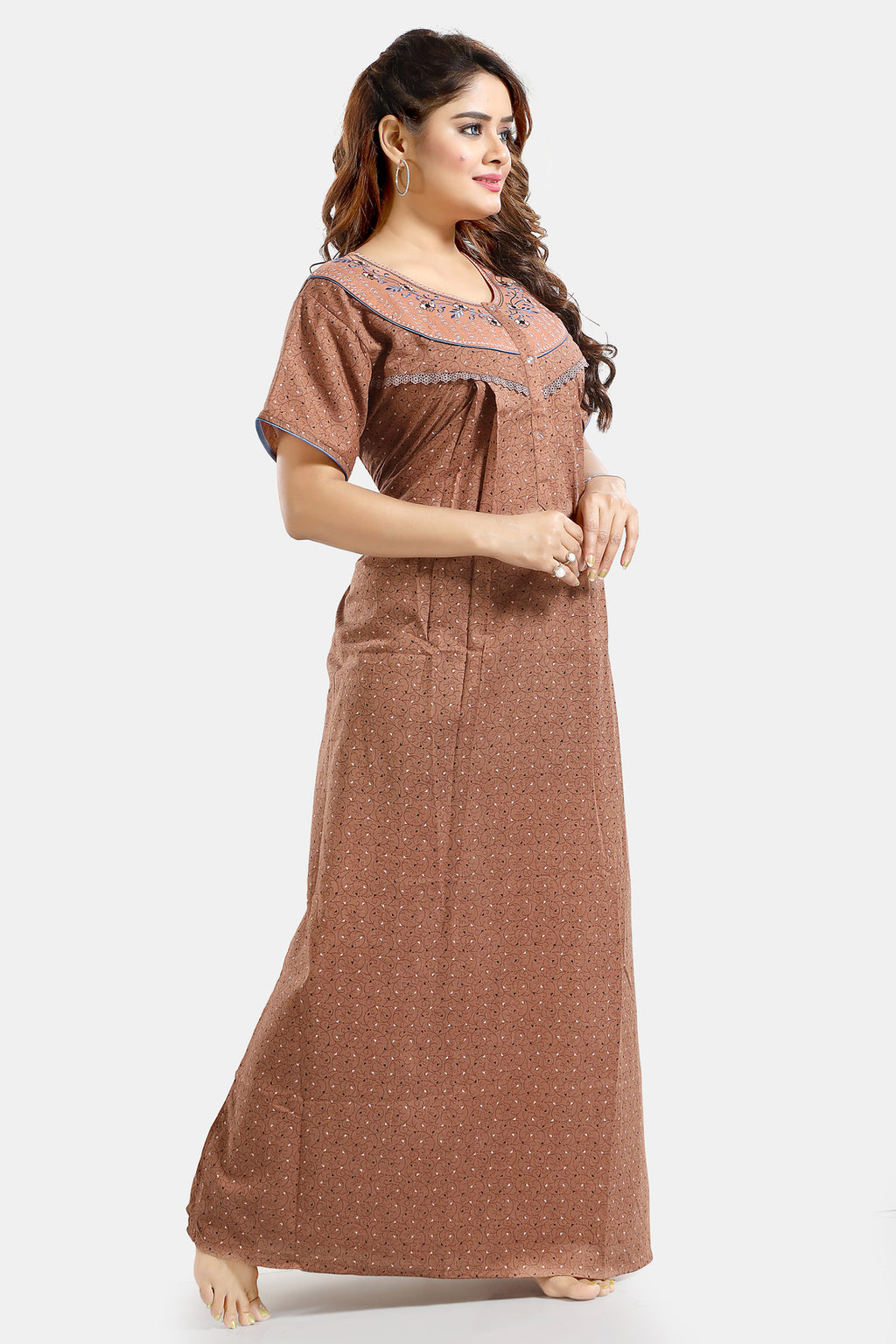 Printed Embroidered PV Cotton Nighty / Night Gowns For Women