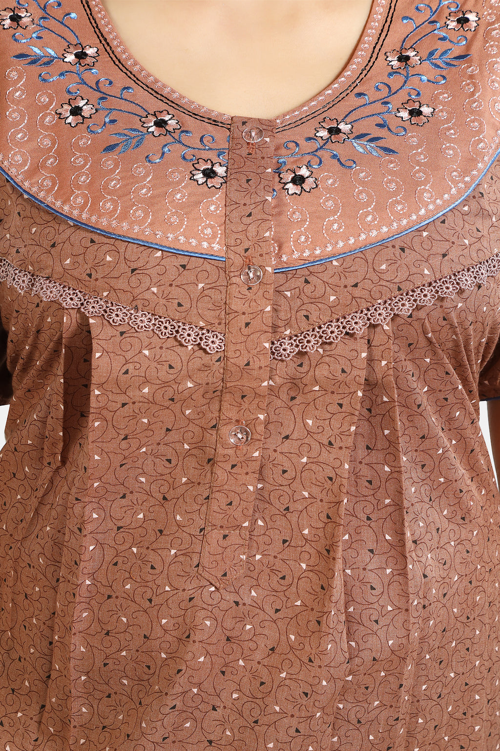 Printed Embroidered PV Cotton Nighty / Night Gowns For Women