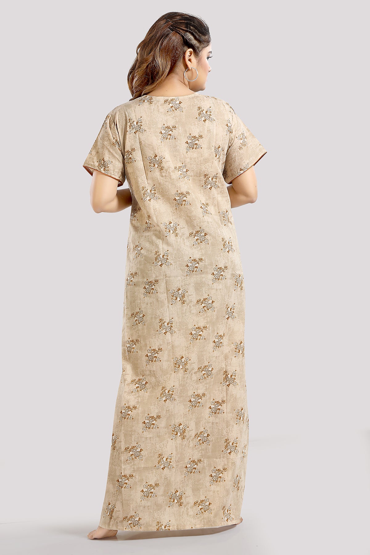 Beige Printed PV Cotton Night Gown