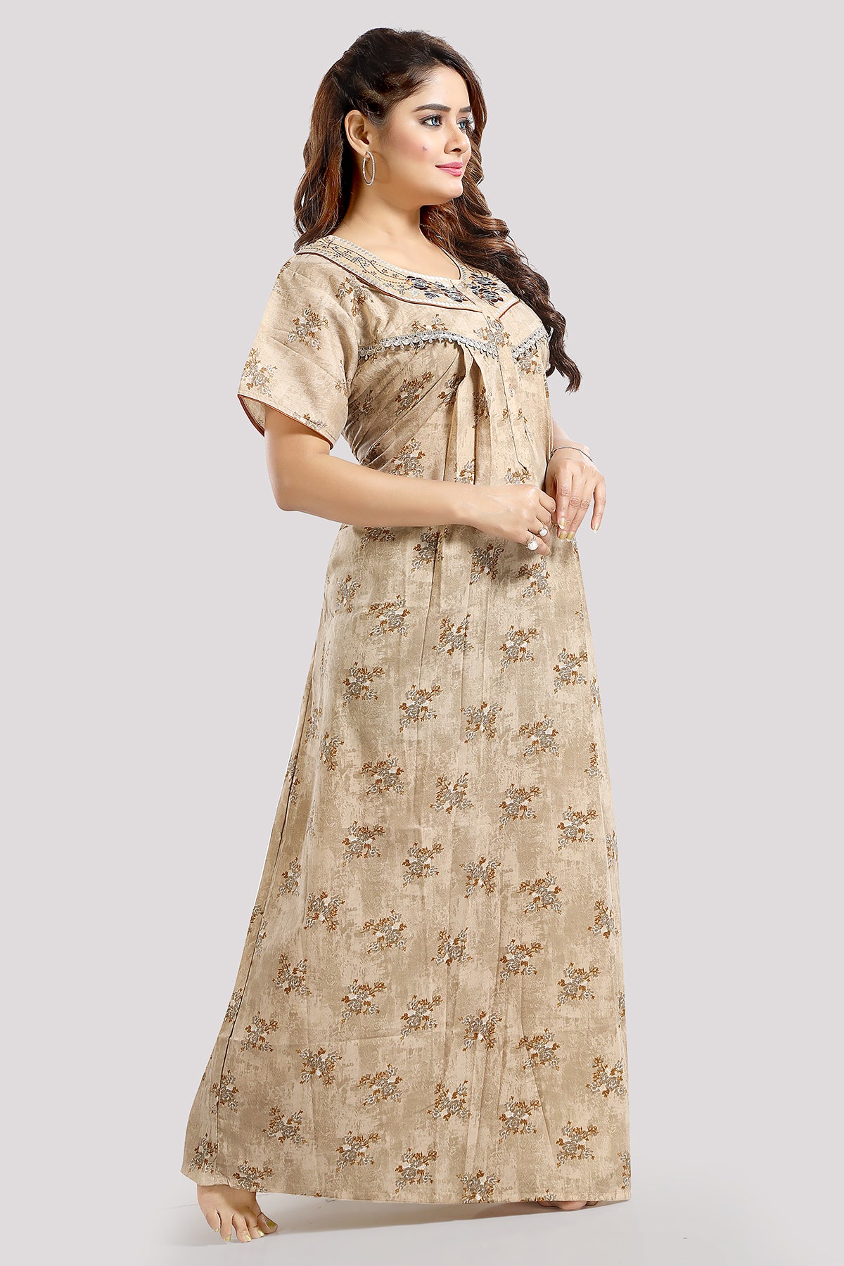 Beige Printed PV Cotton Night Gown