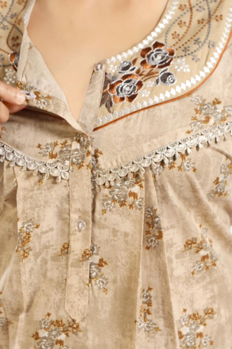 Beige Printed PV Cotton Night Gown
