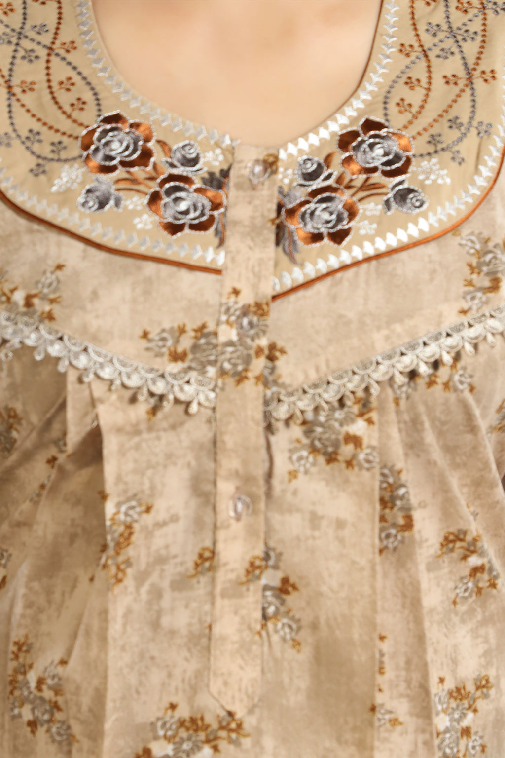 Beige Printed PV Cotton Night Gown