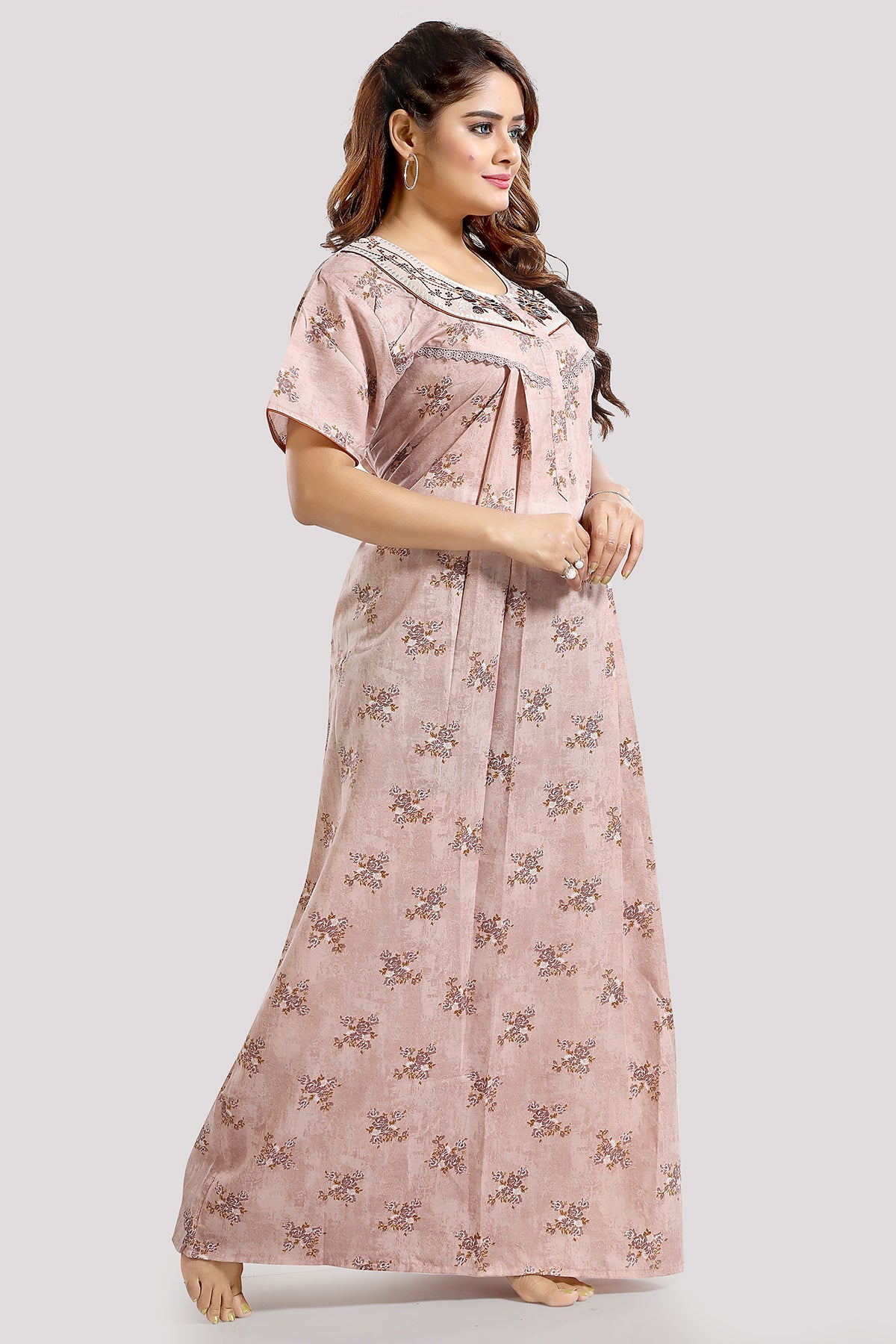 Light Pink Printed Embroidered PV Cotton Nighty for Women