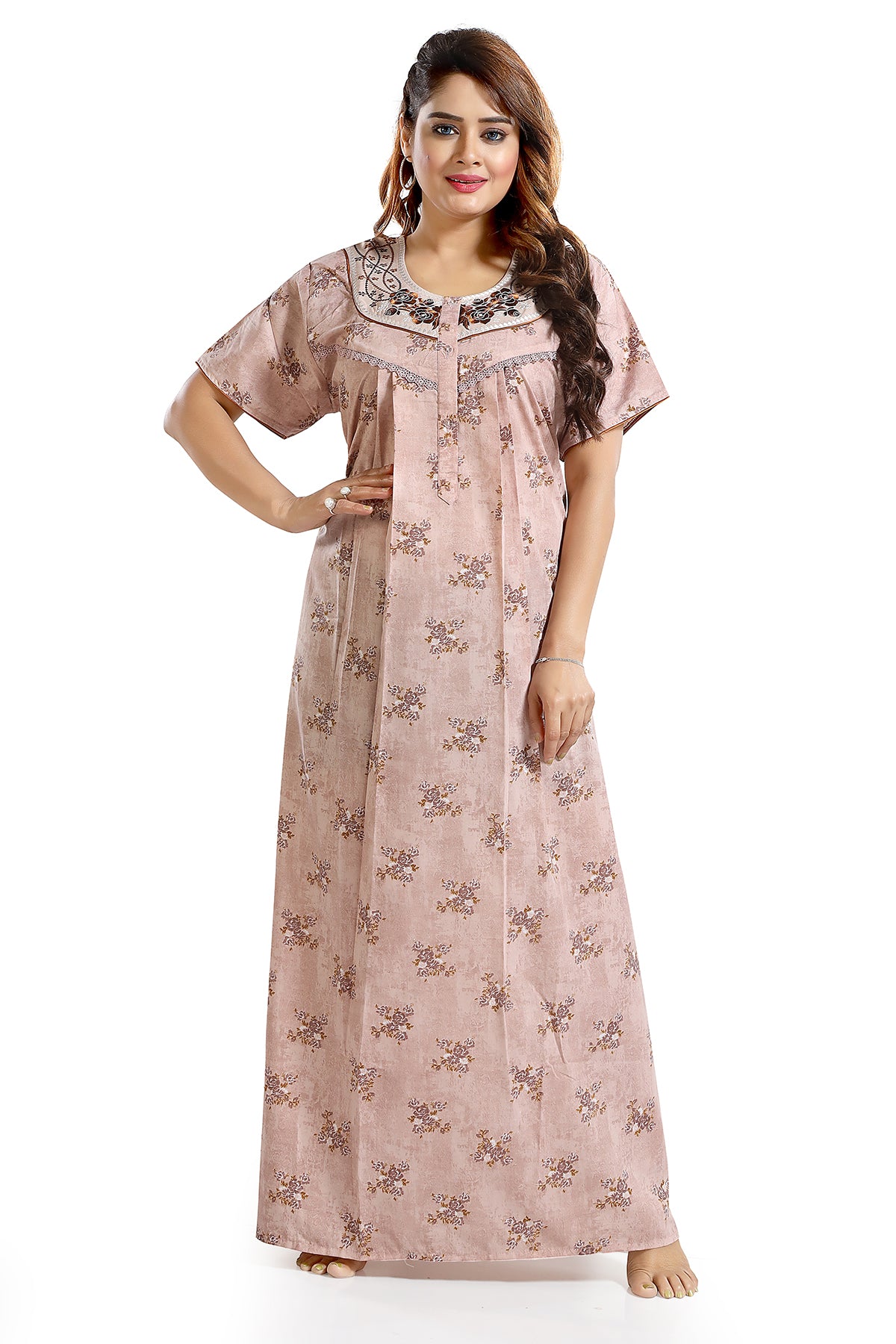 Light Pink Printed Embroidered PV Cotton Nighty for Women