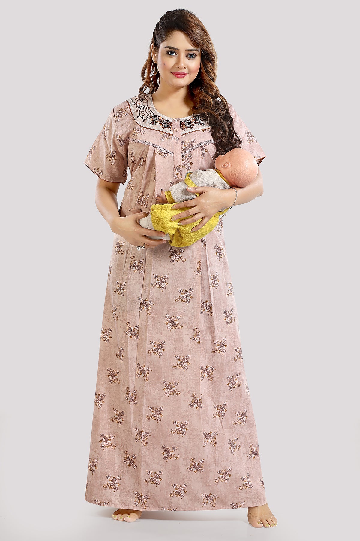 Light Pink Printed Embroidered PV Cotton Nighty for Women