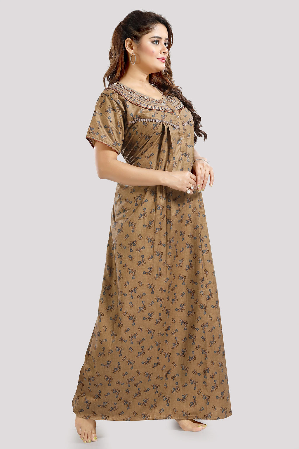 Printed Embroidered PV Cotton Nighty for Women