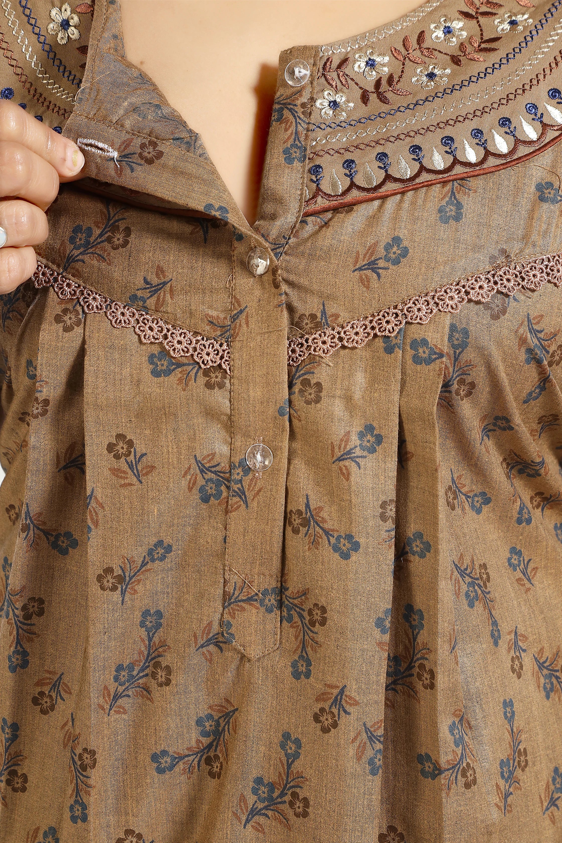 Printed Embroidered PV Cotton Nighty Close View