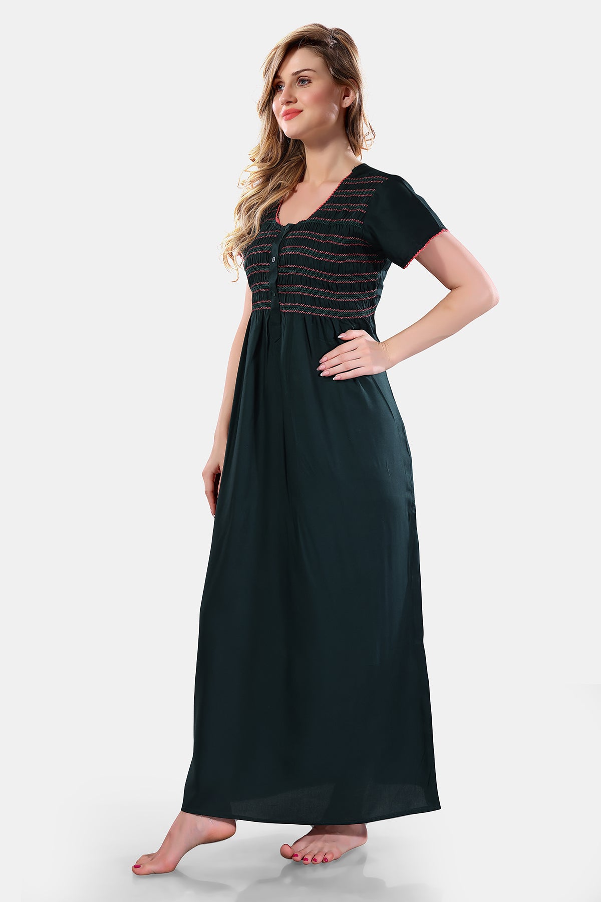 Teal Green Solid Rayon Nighty / Maxi Night Gown for Women