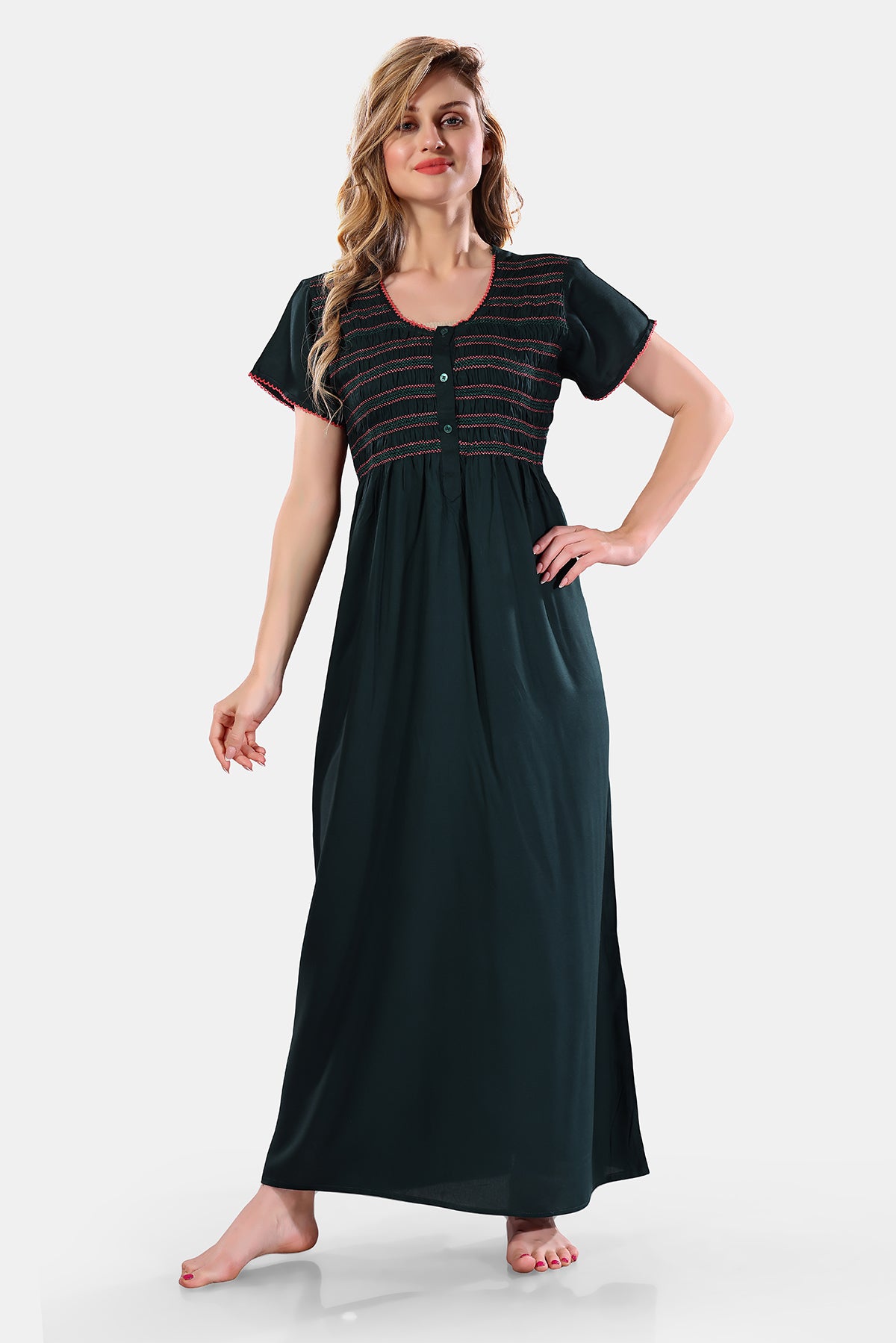 Teal Green Solid Rayon Nighty / Maxi Night Gown for Women