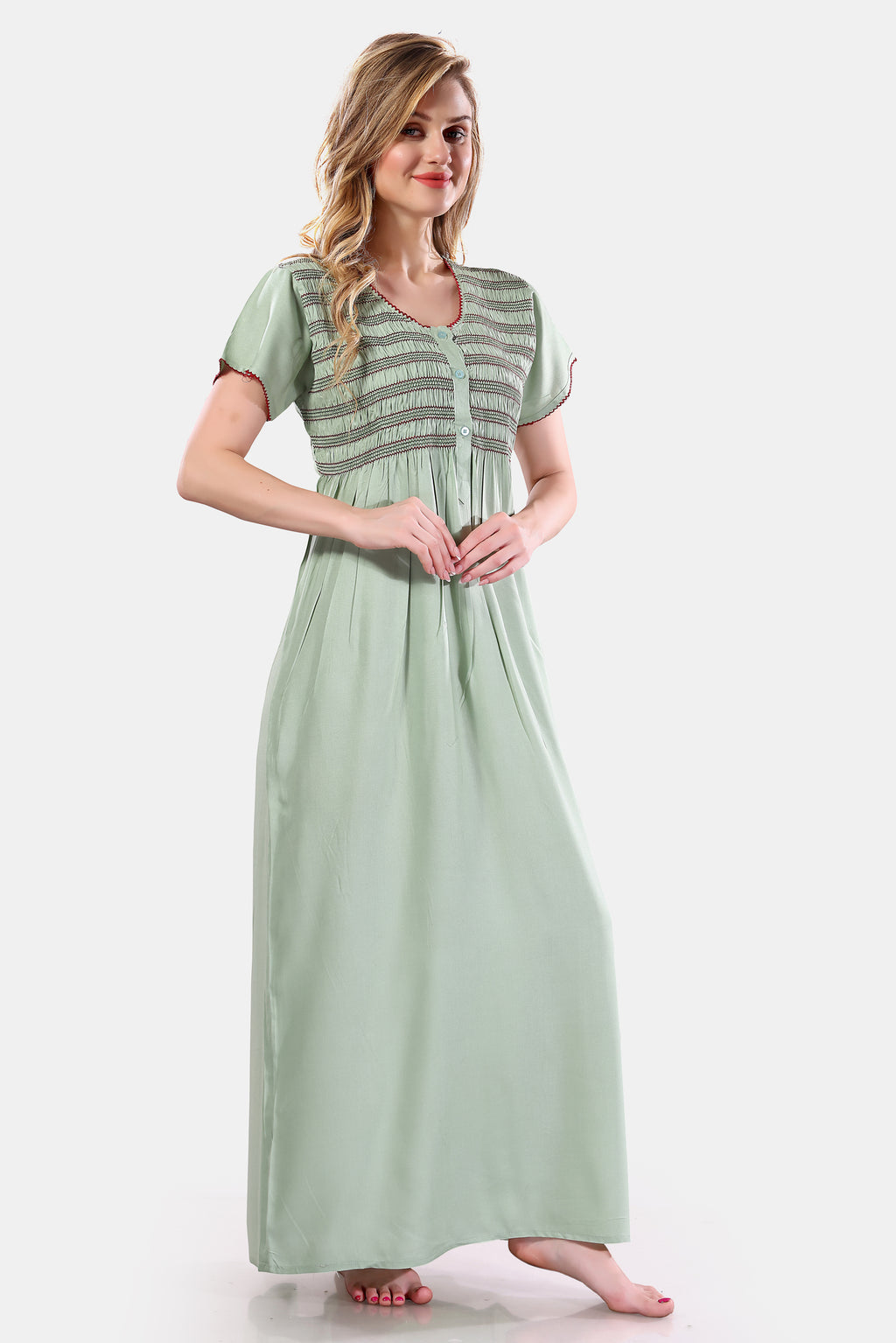 Pistachio Green Solid Rayon Nighty / Maxi Night Gown for Women