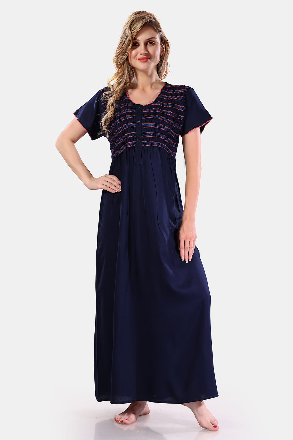Navy Blue Solid Rayon Nighty for Women