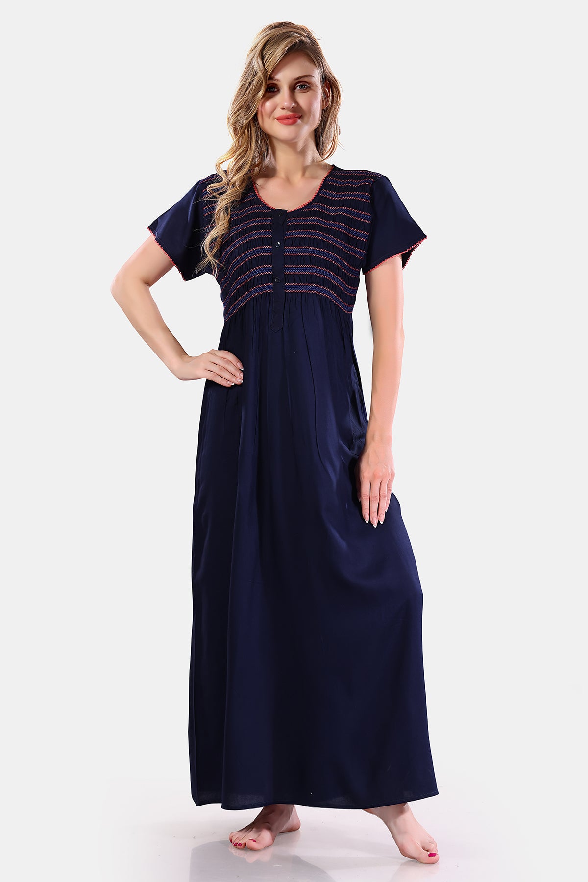 Navy Blue Solid Rayon Nighty for Women
