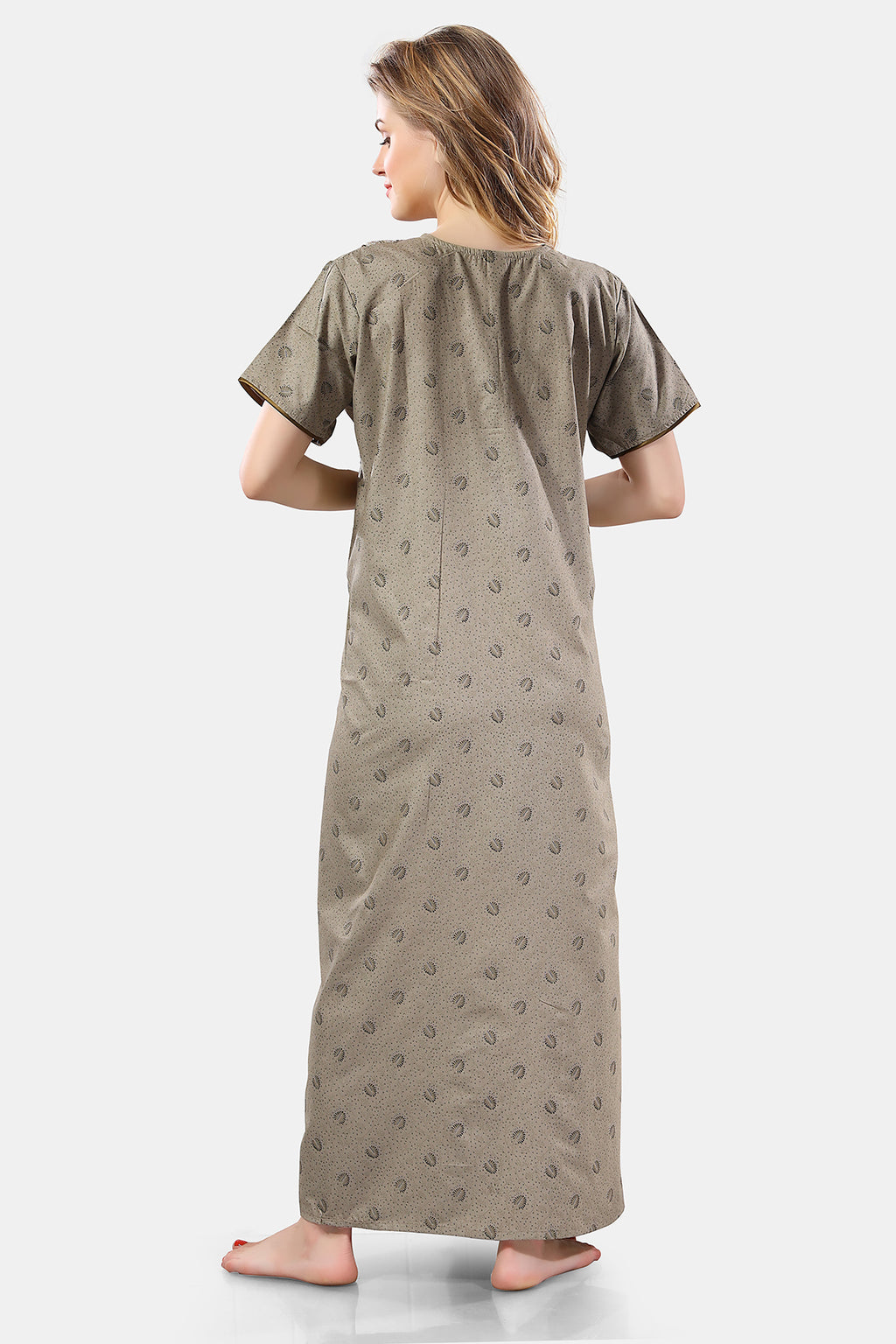 Sage Green Printed Embroidered PV Cotton Nighty for Women