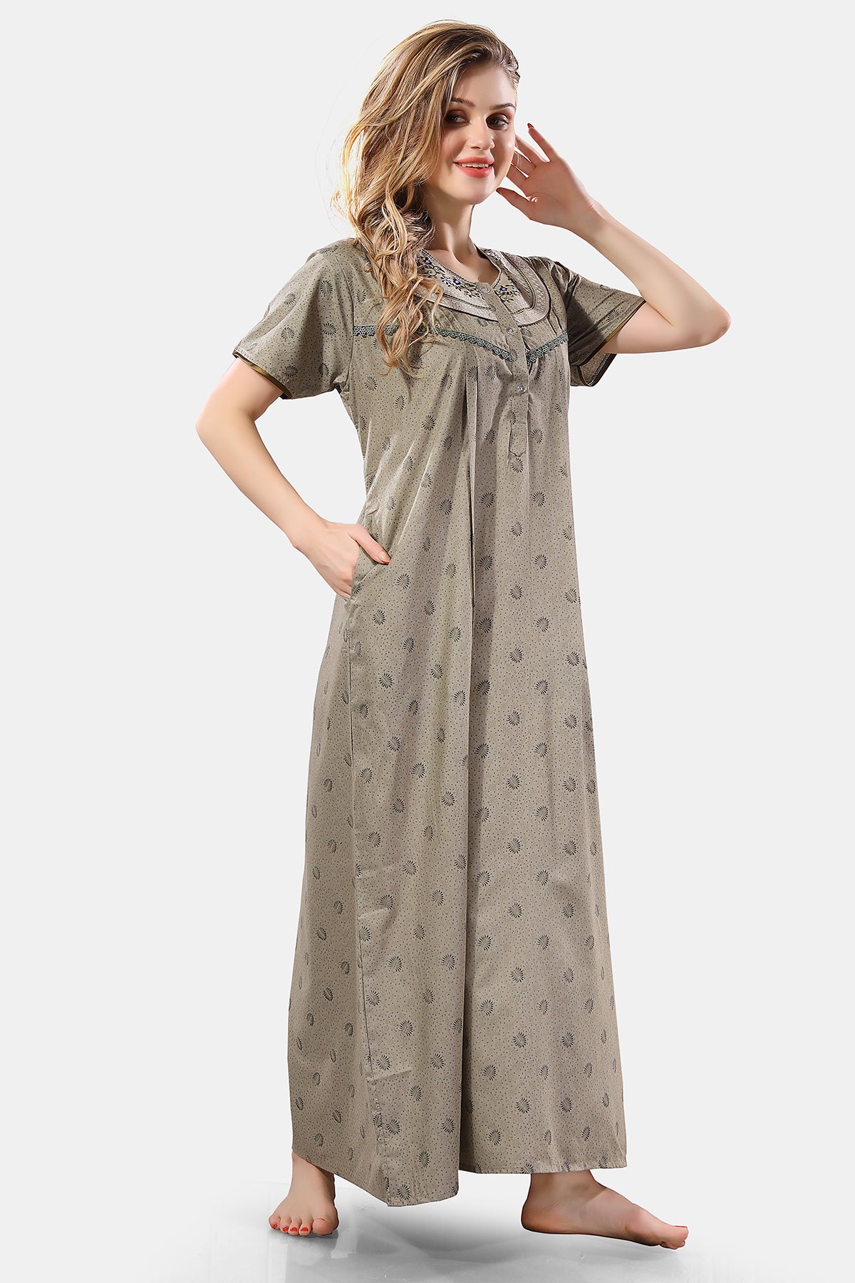 Sage Green Printed Embroidered PV Cotton Nighty for Women