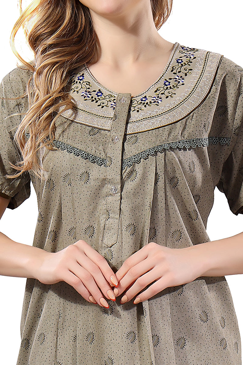 Sage Green Printed Embroidered PV Cotton Nighty for Women
