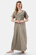 Sage Green Printed Embroidered PV Cotton Nighty for Women