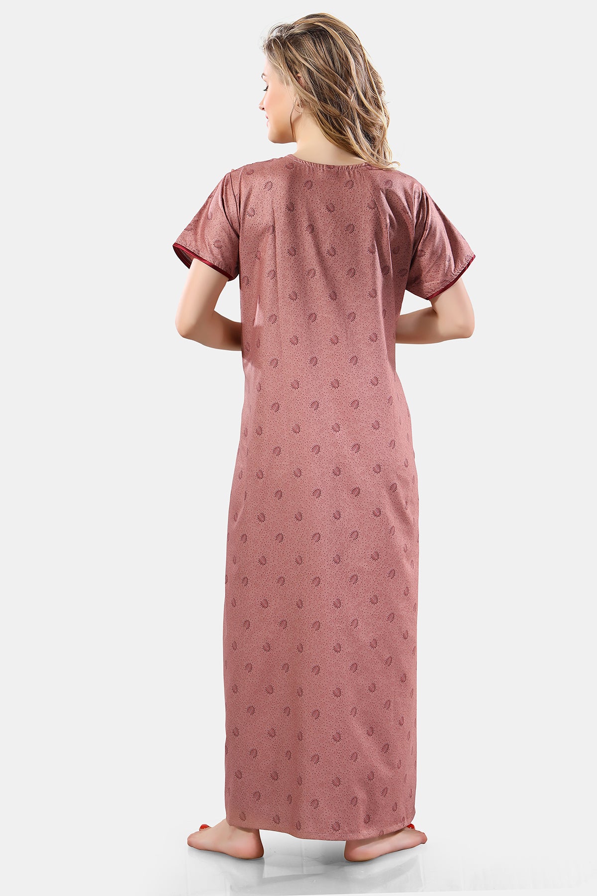 Women’s Indian Red PV Cotton Printed Night Gown with Embroidery