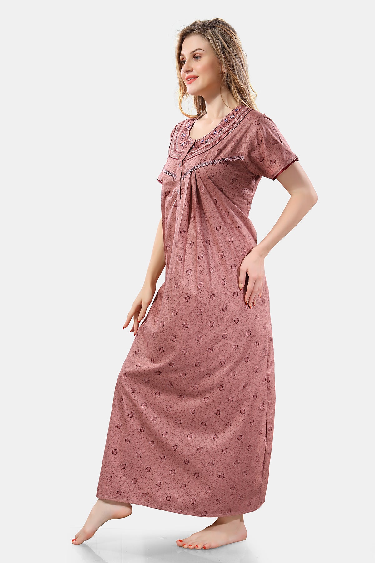 Women’s Indian Red PV Cotton Printed Night Gown with Embroidery