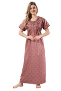 Women’s Indian Red PV Cotton Printed Night Gown with Embroidery