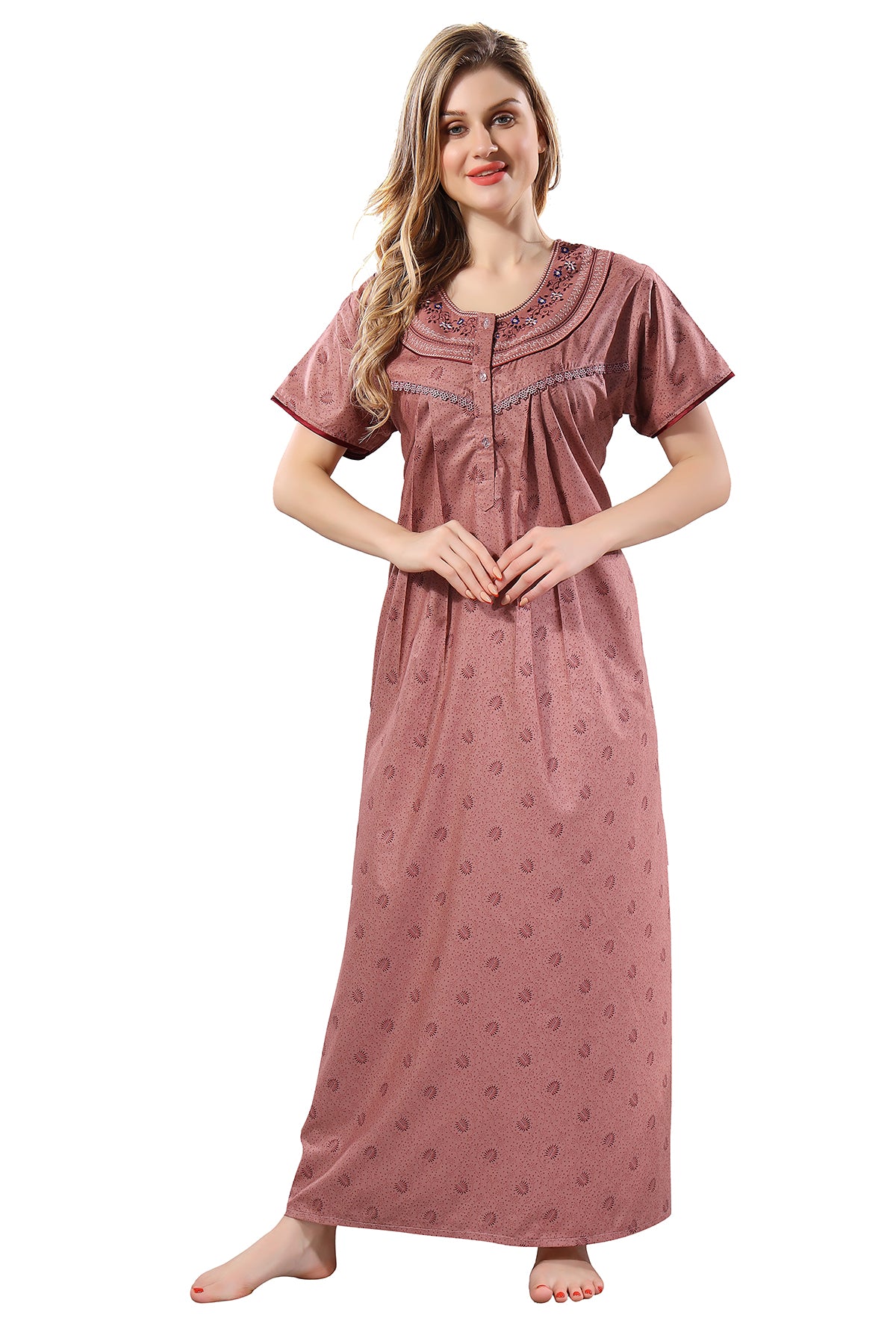 Women’s Indian Red PV Cotton Printed Night Gown with Embroidery