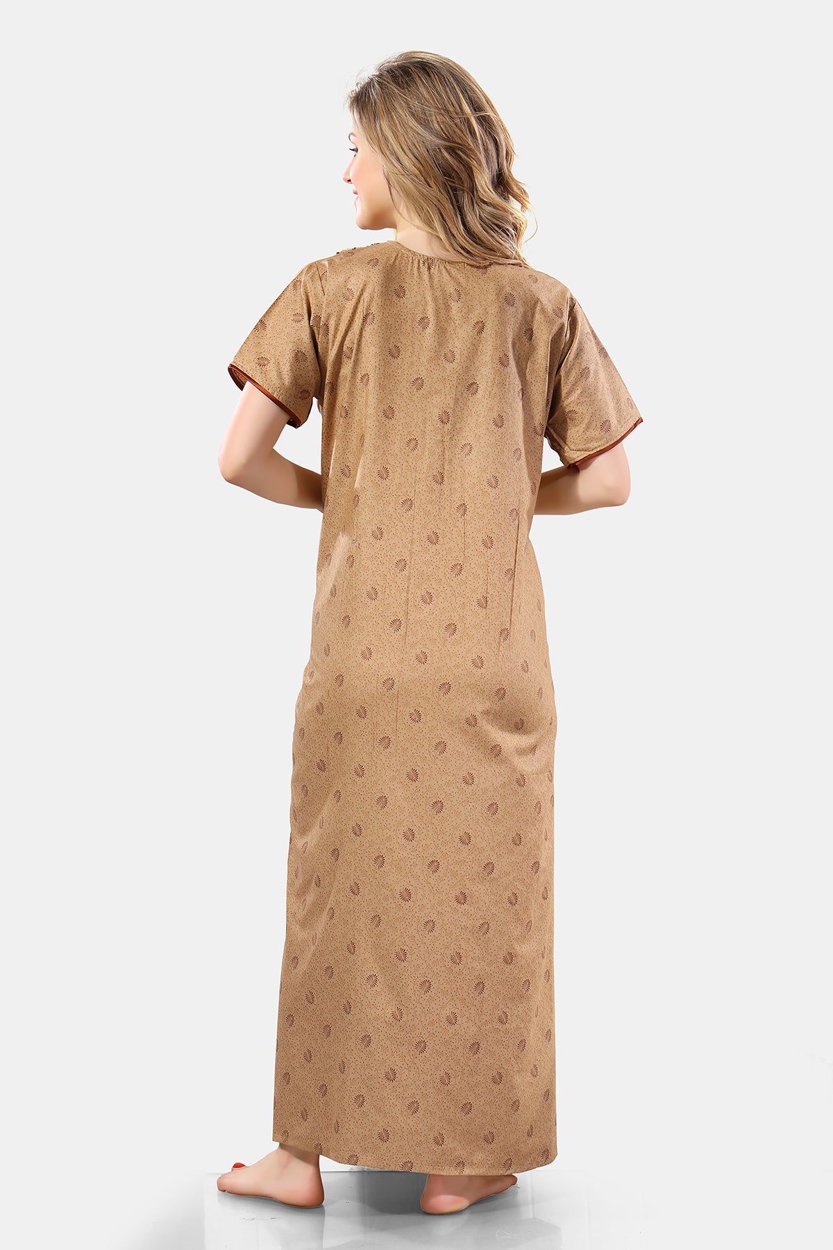Light Brown Printed & Embroidered PV Cotton Nighty for Women