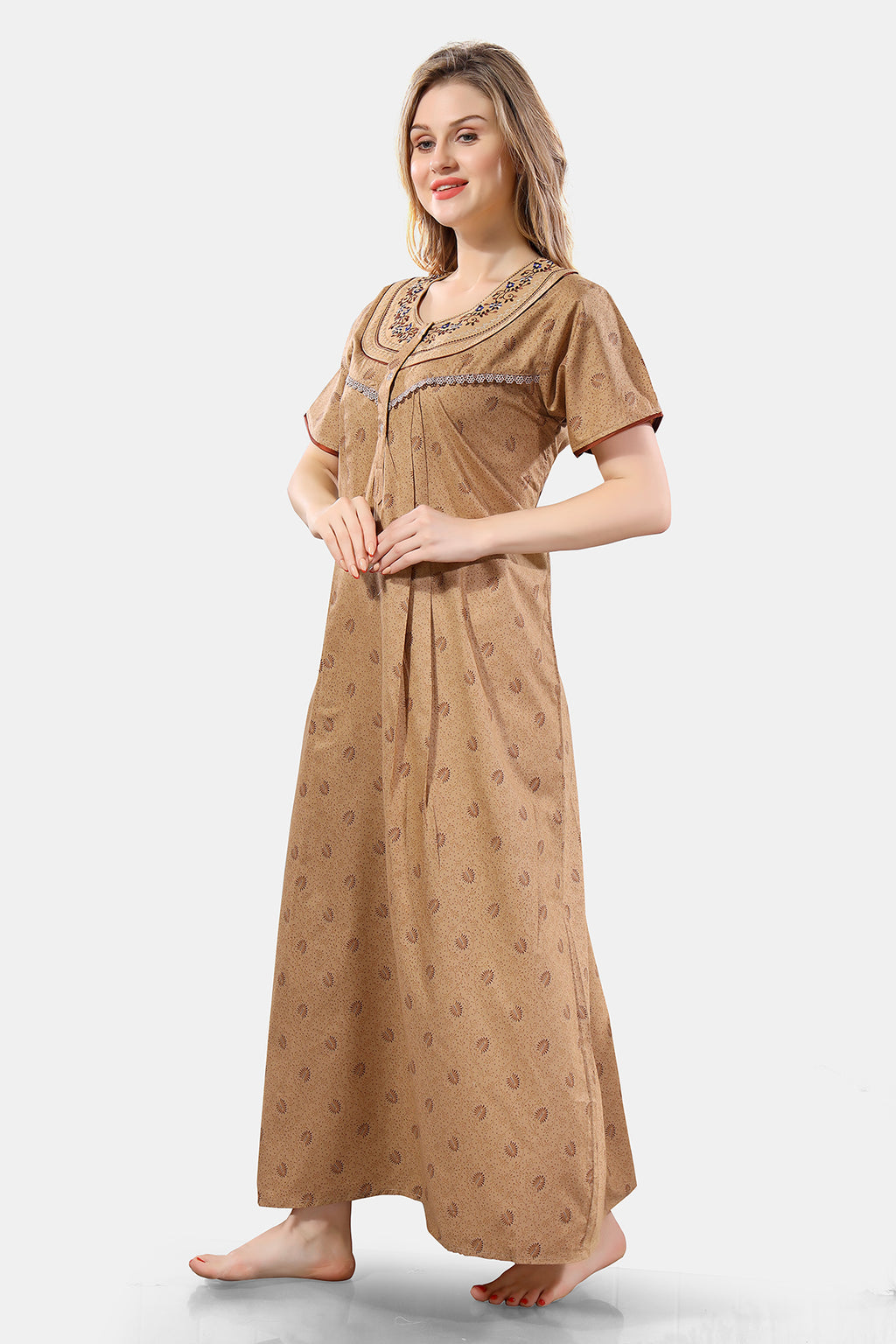 Light Brown Printed & Embroidered PV Cotton Nighty for Women