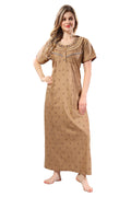 Light Brown Printed & Embroidered PV Cotton Nighty for Women