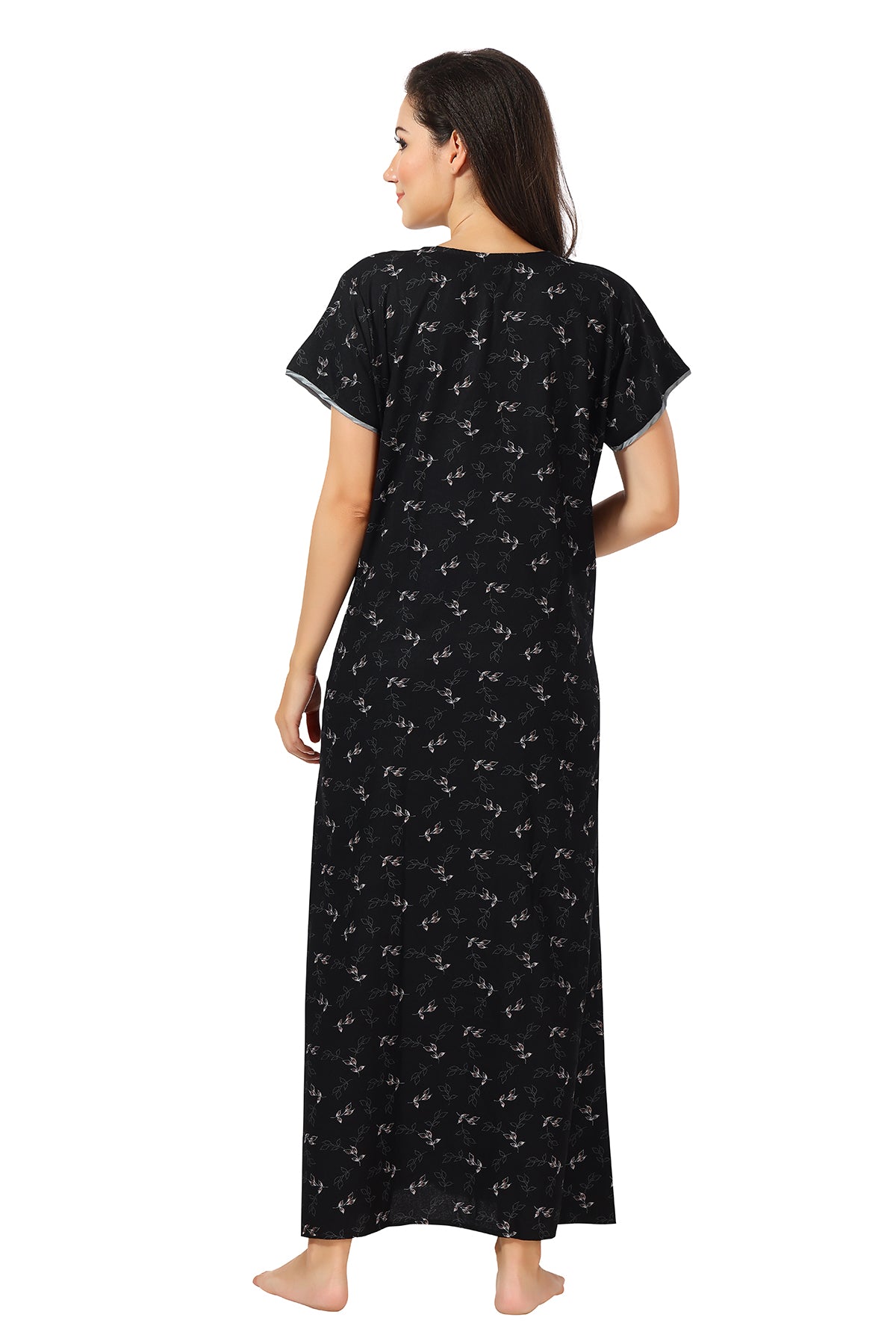 Black Printed Alpine Cotton Nighty for Women
