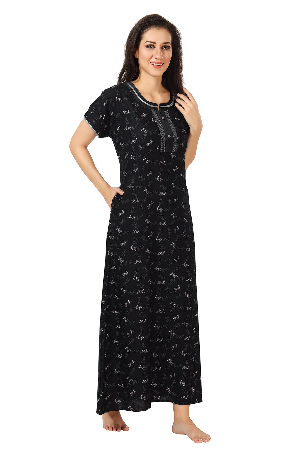 Black Printed Alpine Cotton Nighty for Women