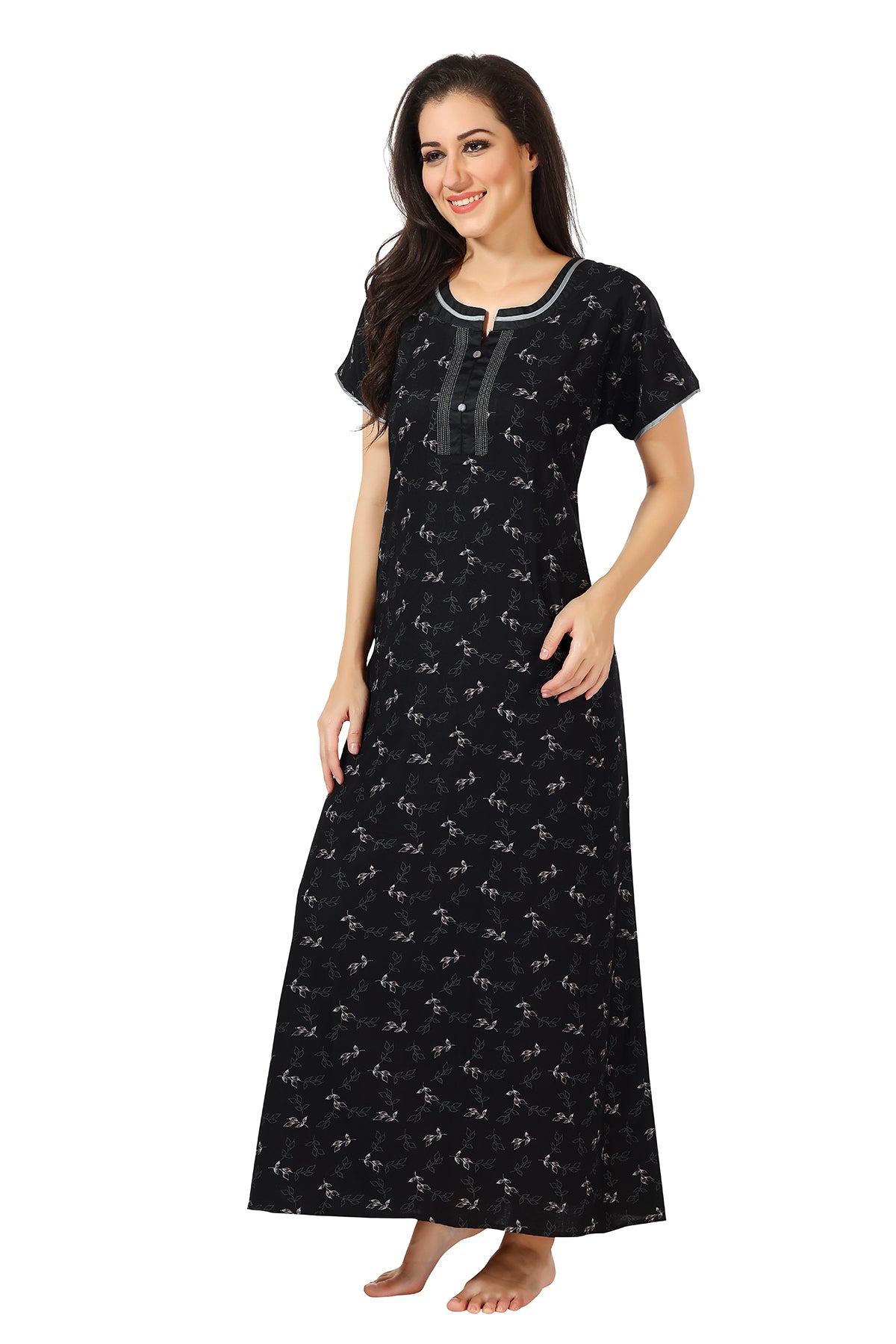 Black Printed Alpine Cotton Nighty for Women