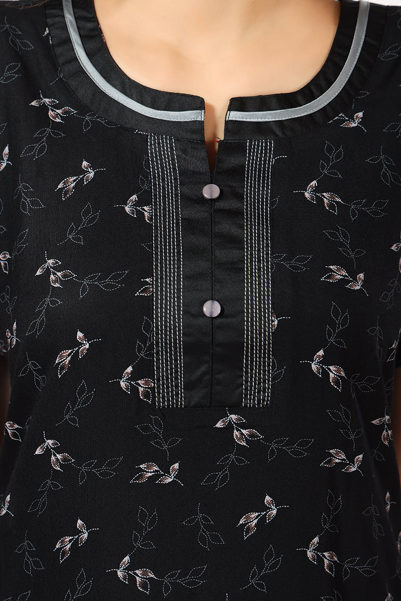 Black Printed Alpine Cotton Nighty for Women