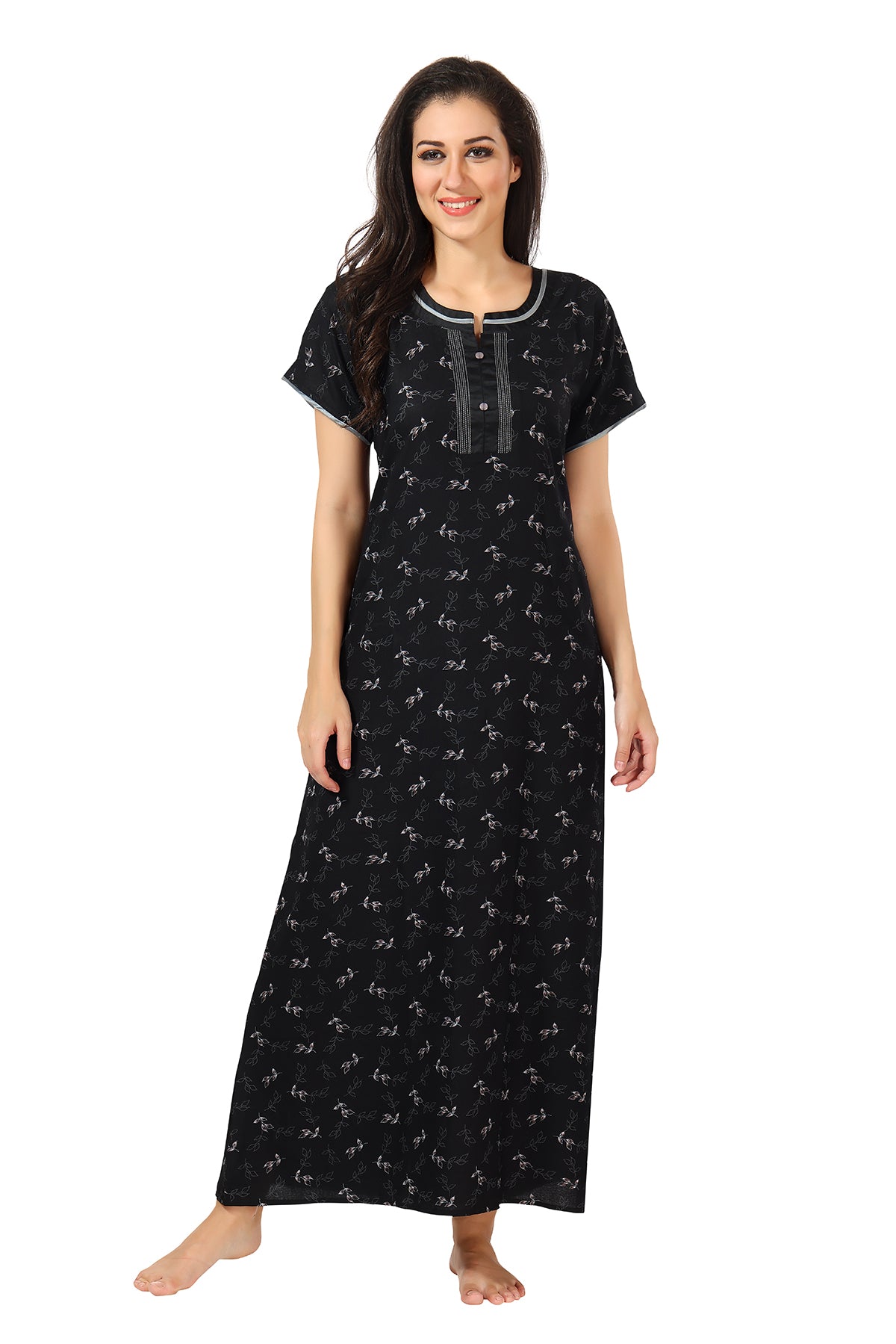 Black Printed Alpine Cotton Nighty for Women