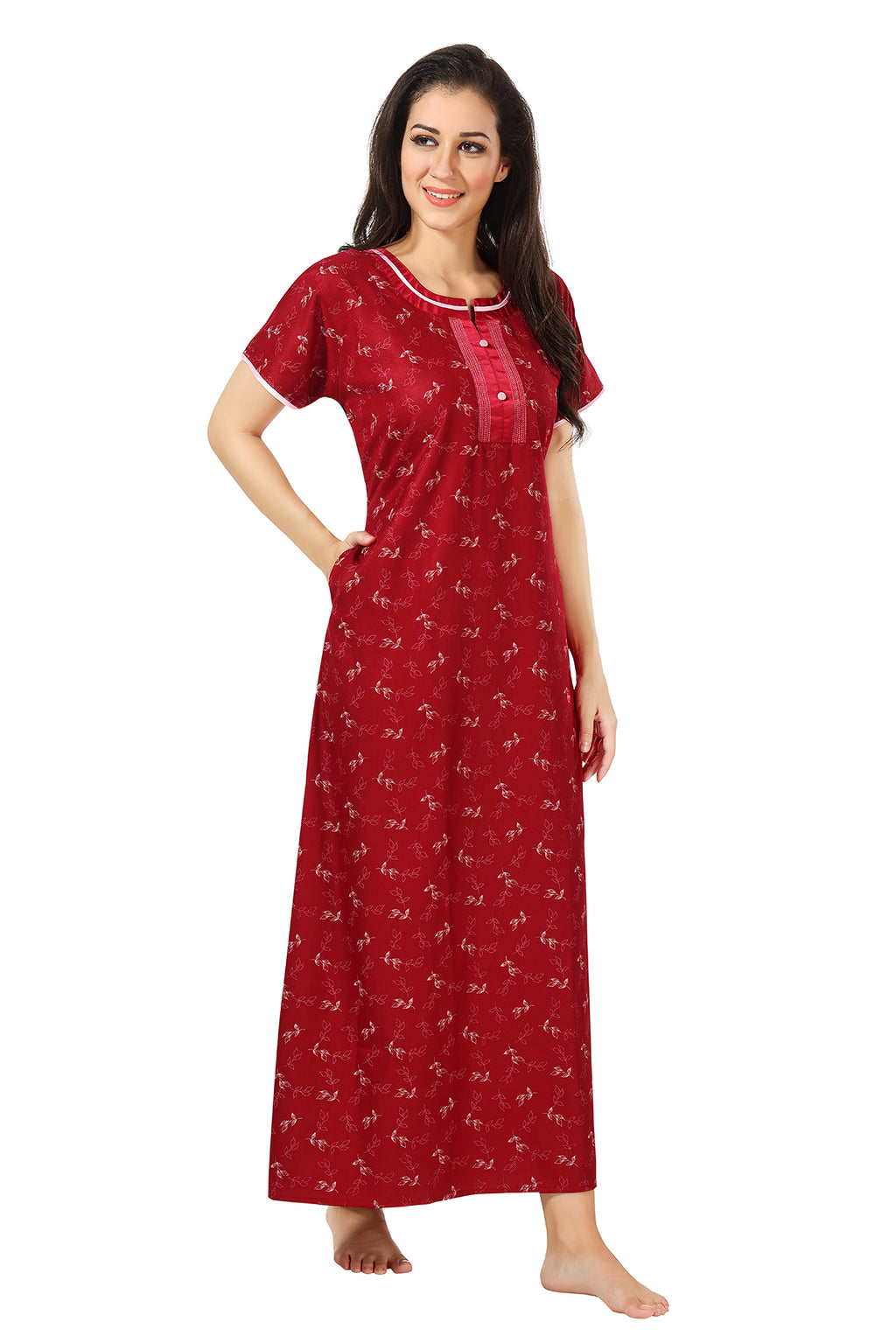 Maroon Printed Alpine Cotton Nighty for Women