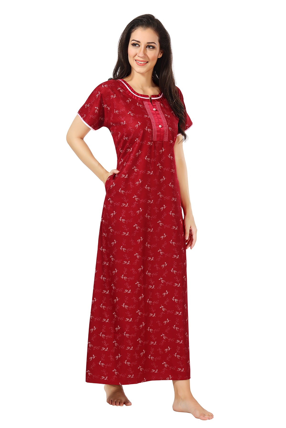 Maroon Printed Alpine Cotton Nighty for Women