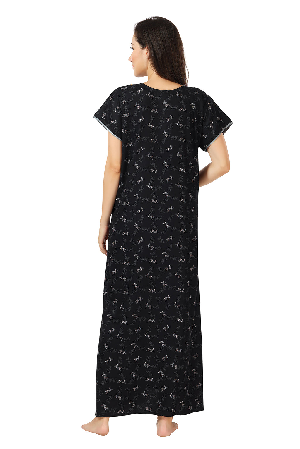 Printed Alpine Cotton Nighty / Night Gowns For Women, Jet Black