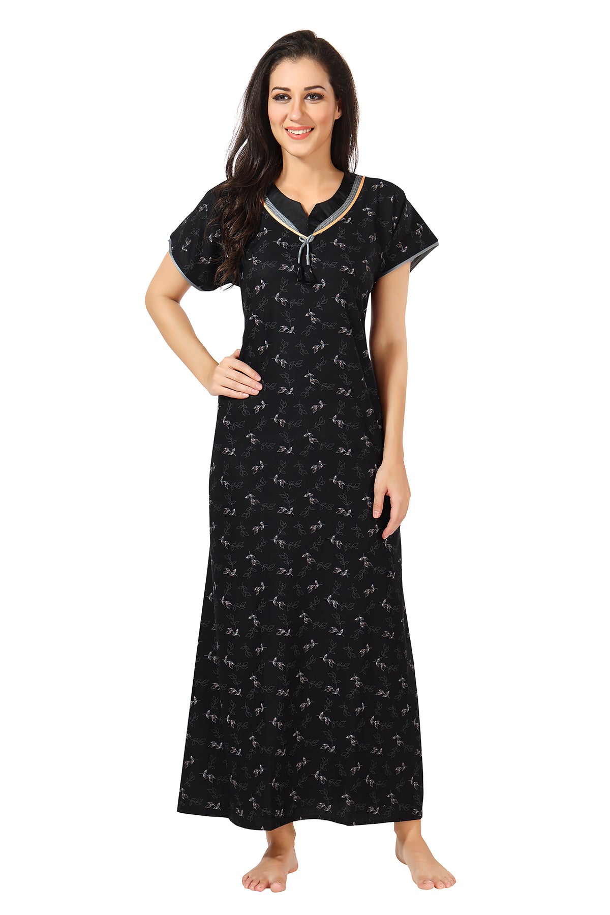Printed Alpine Cotton Nighty / Night Gowns For Women, Jet Black