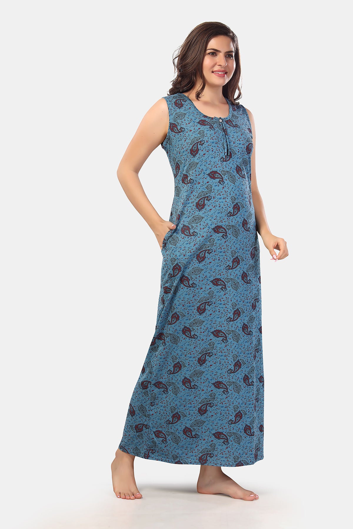Printed Shinker Cotton Nighty / Night Gowns For Women Side