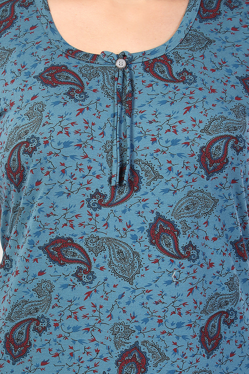 Printed Shinker Cotton Nighty / Night Gowns For Women Neck