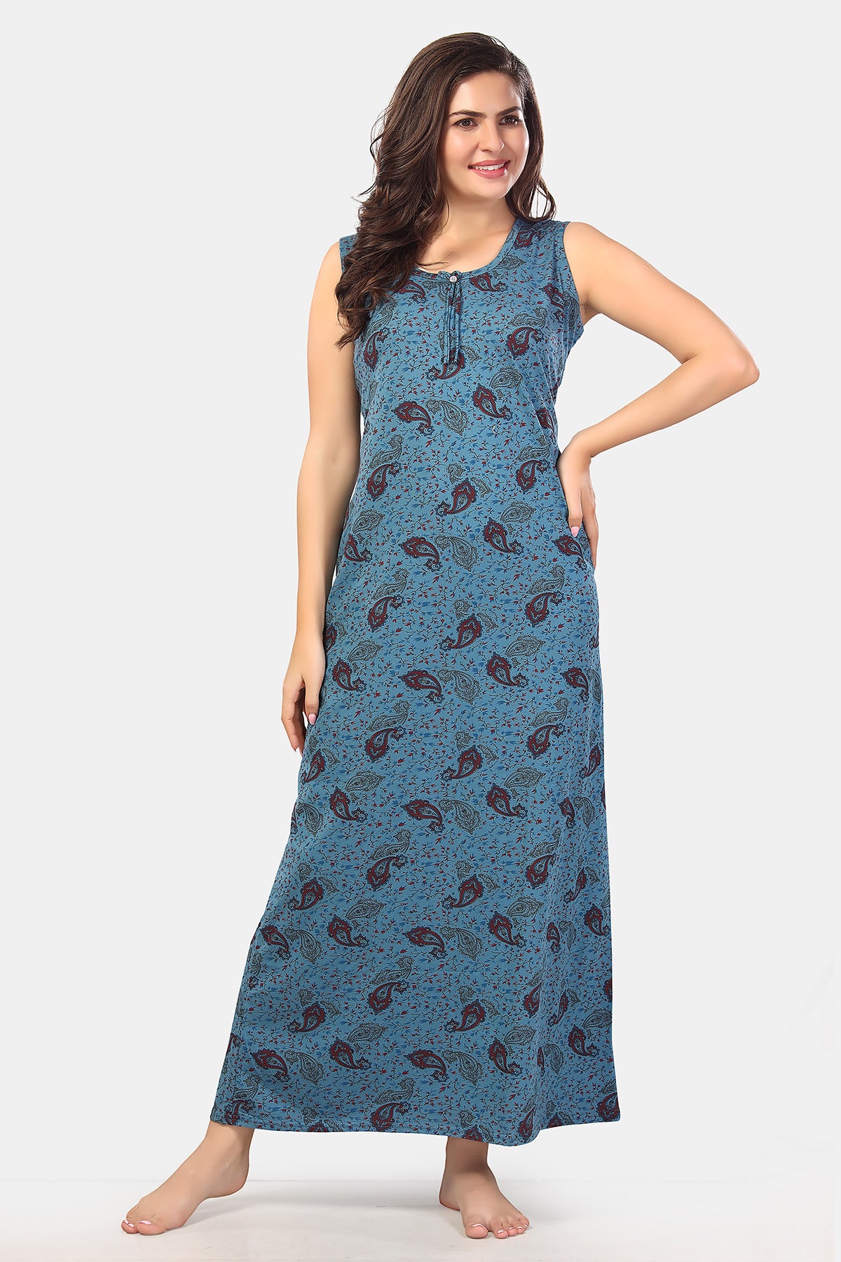 Printed Shinker Cotton Nighty / Night Gowns For Women Front
