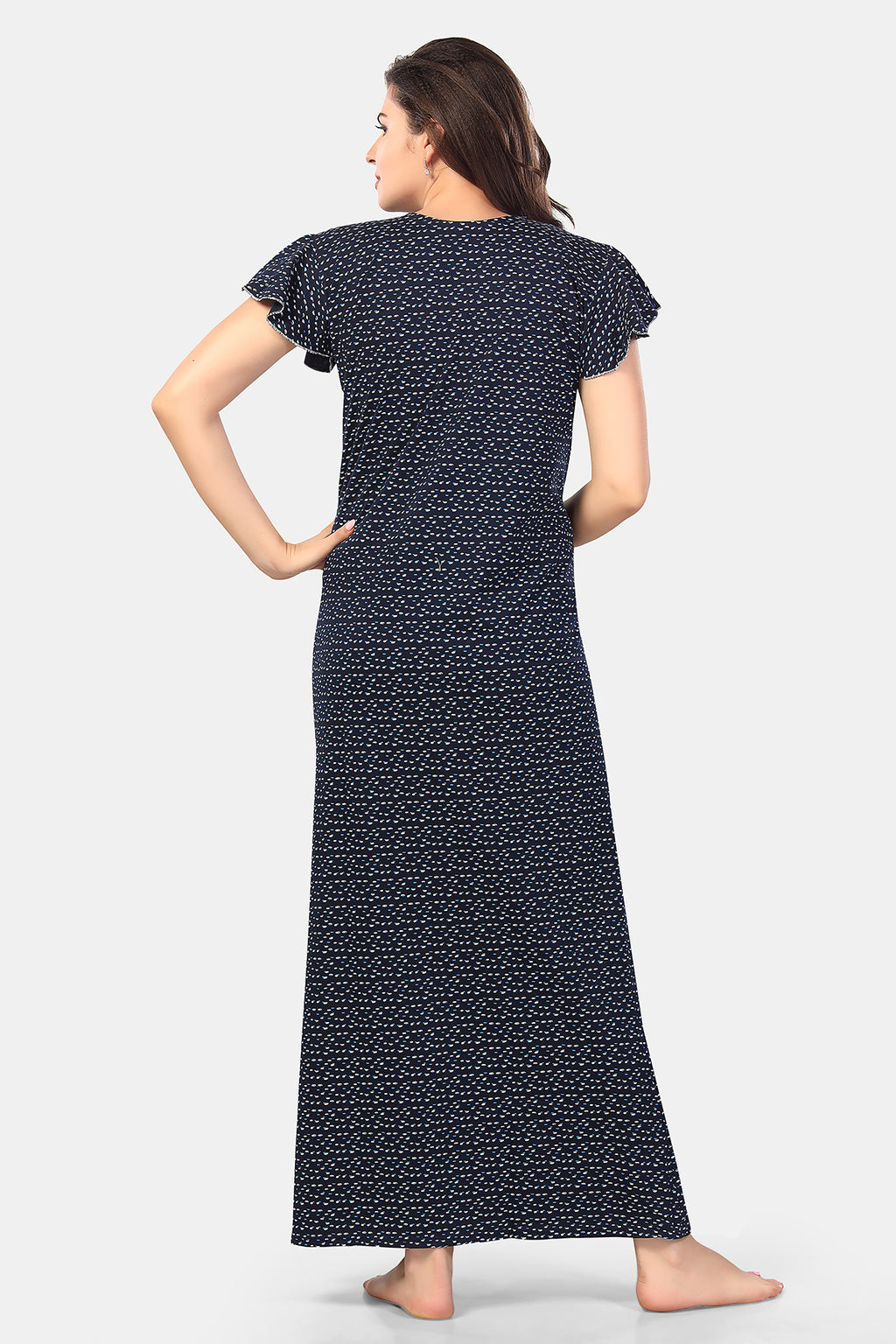 Navy Blue Printed Shinker Cotton Nighty for Women