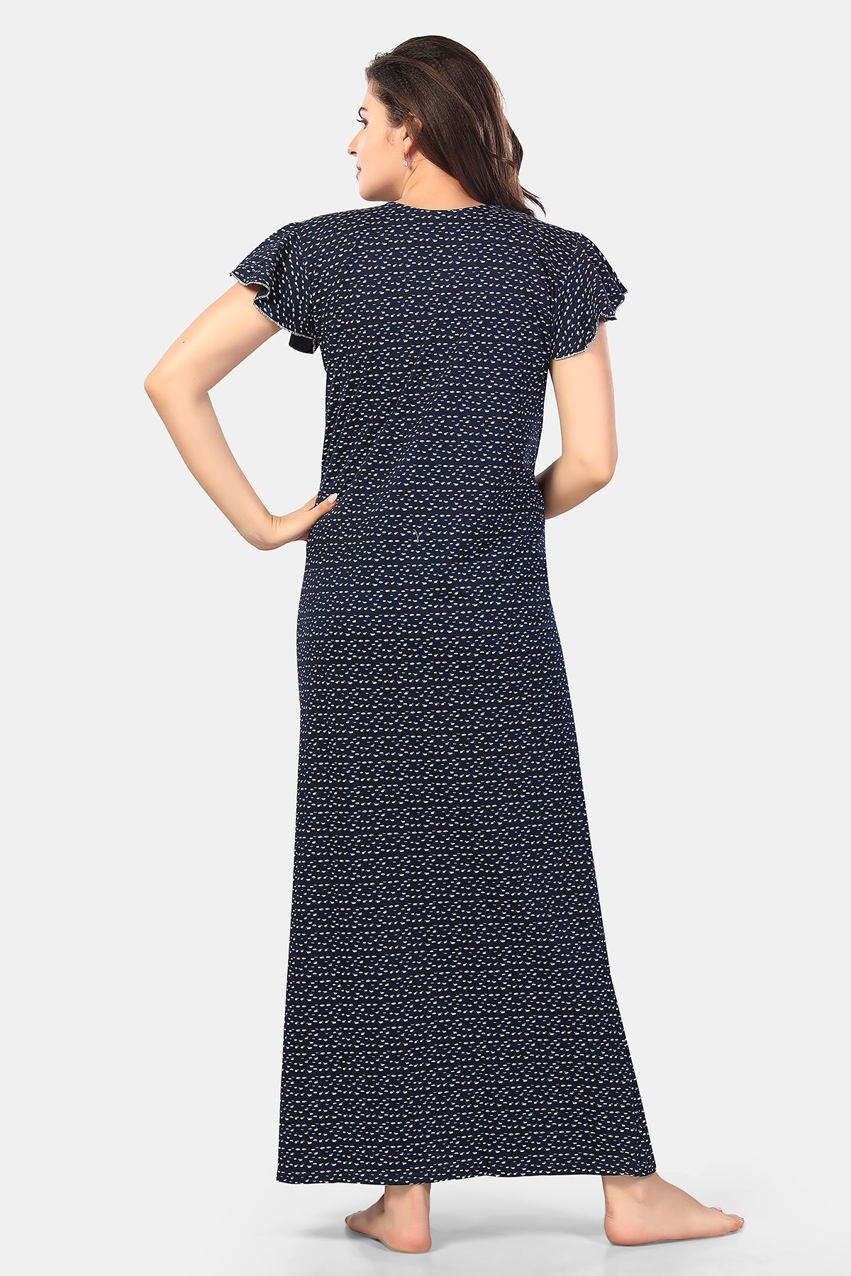 Navy Blue Printed Shinker Cotton Nighty for Women
