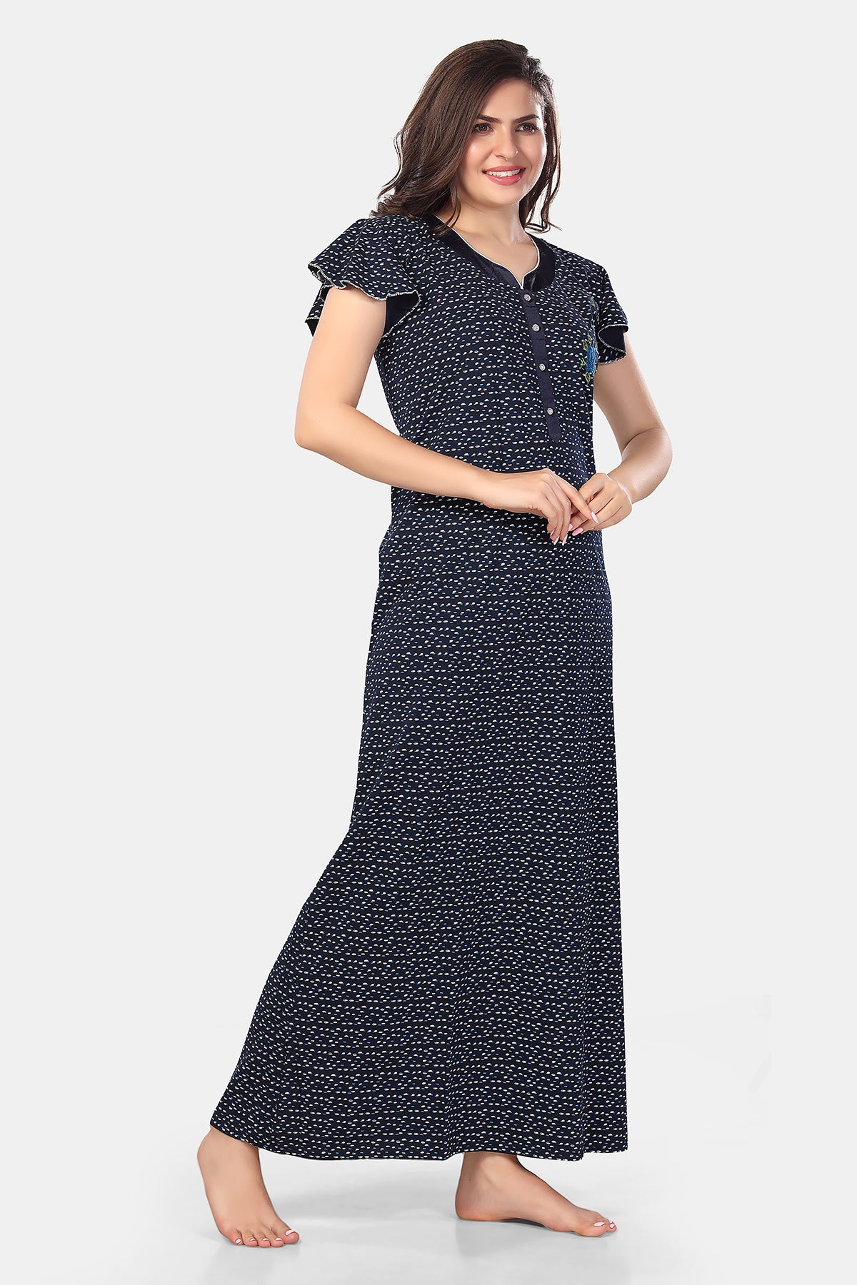 Navy Blue Printed Shinker Cotton Nighty for Women