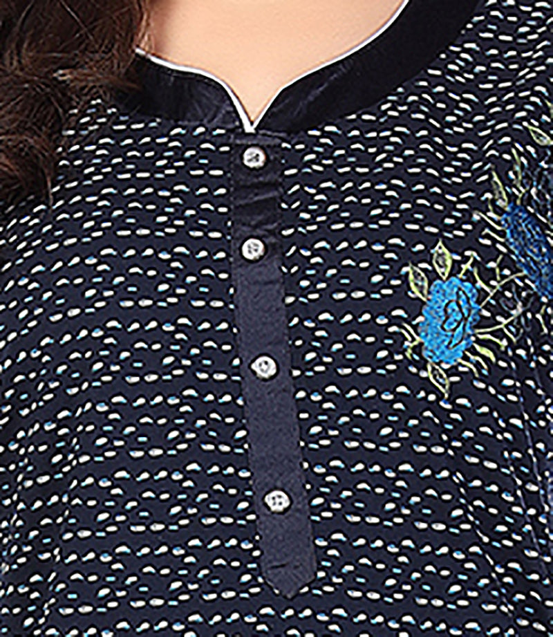 Navy Blue Printed Shinker Cotton Nighty for Women