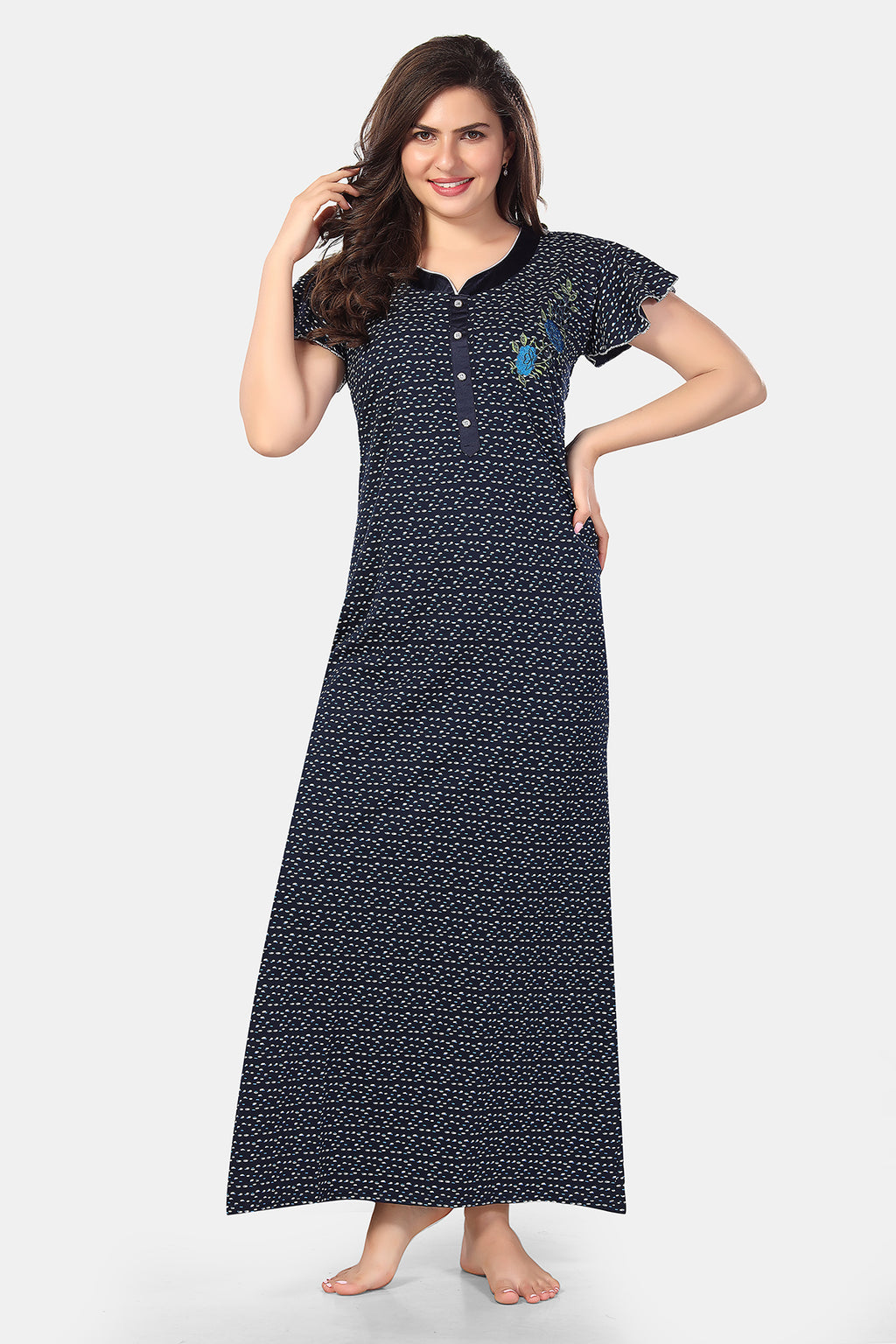 Navy Blue Printed Shinker Cotton Nighty for Women