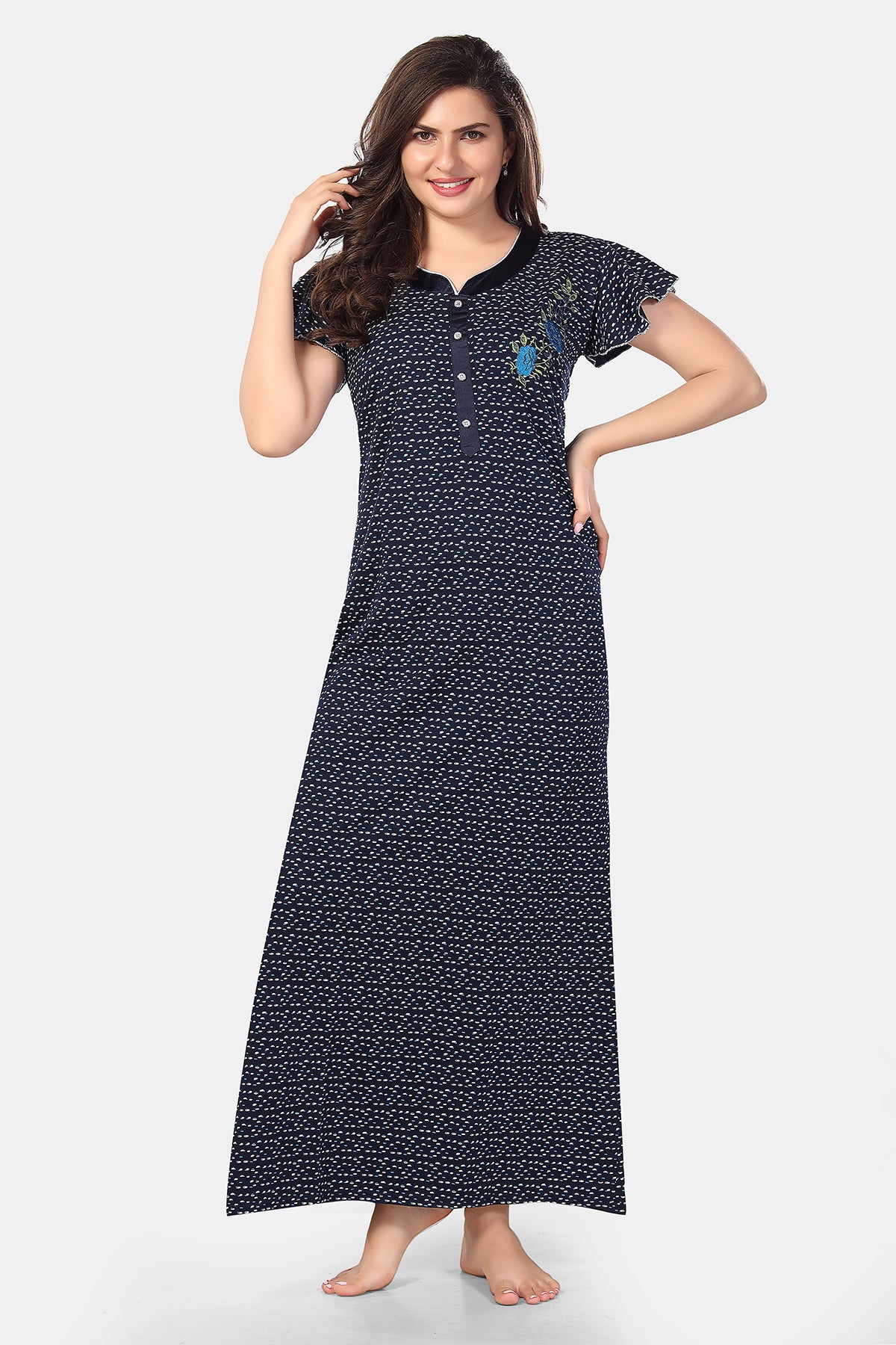 Navy Blue Printed Shinker Cotton Nighty for Women